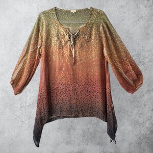 Reba Top Women's Large  Ombre Chiffon Studded with Rhinestones Semi Sheer Blouse